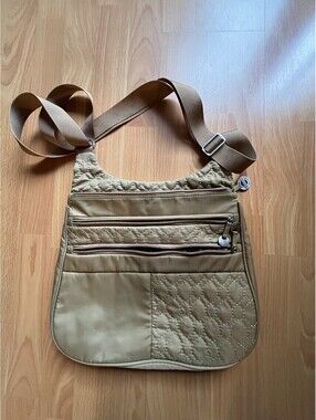 Travelon Crossbody Bag Metallic Gold Quilted Multi-Zip Organizer Style 42672